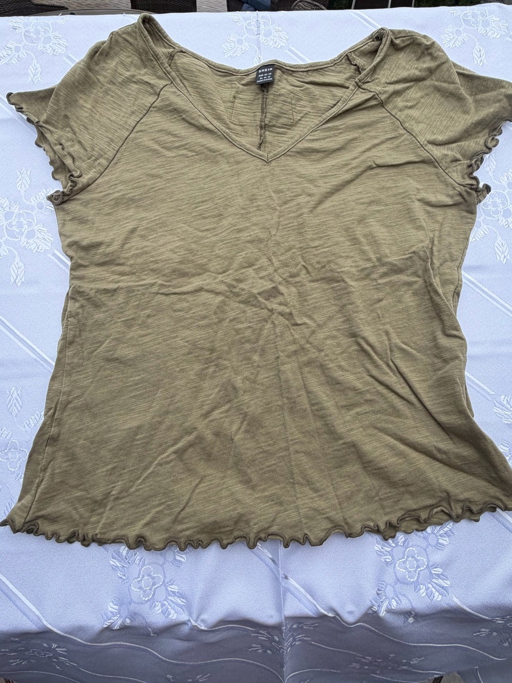 SHEIN Olive Green Slub Knit Lettuce Edge V-Neck Top